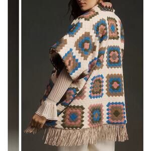 Hutch‎ Rai Reversible Crochet Poncho Boho Granny Square Fringe Oversized M/L